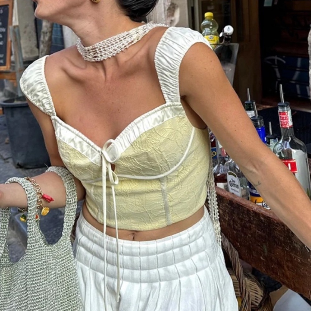 12th tribe Ellie Butter Yellow Cropped Smocked Back Corset Top Cottagecore SZ S